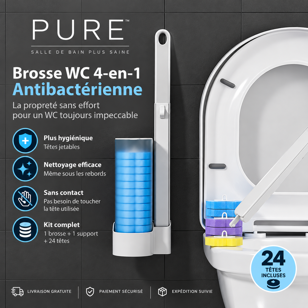 Brosse WC 4-en-1 Antibactérienne PURE™